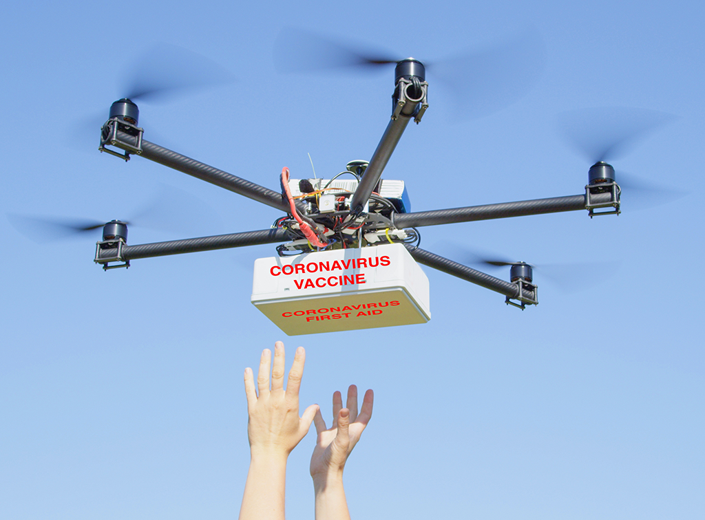 Cold Chain COVID-19, Is Your Supply Chain Prepared for the Coronavirus Vaccine?, image of a drone with the COVID-19 vaccine and hands reaching for it